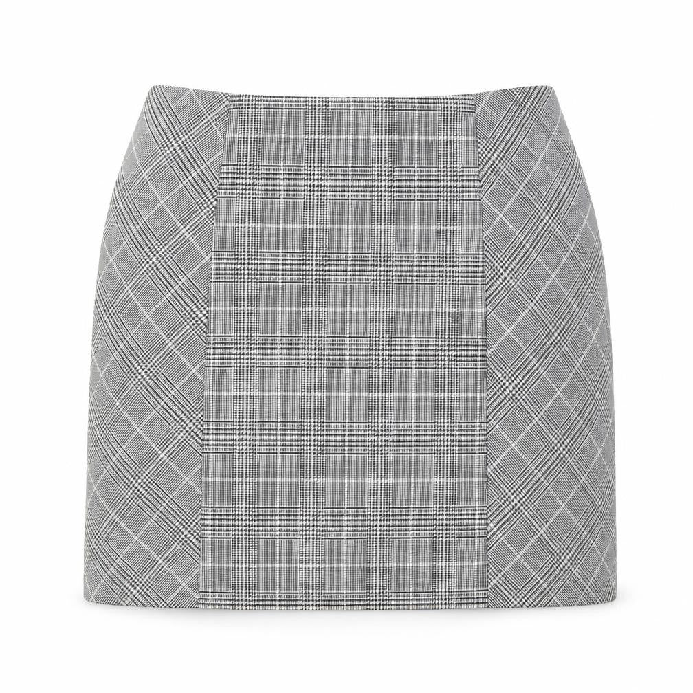 Front view of H&M women’s grey plaid polyester mini skirt, size UK 10, zip