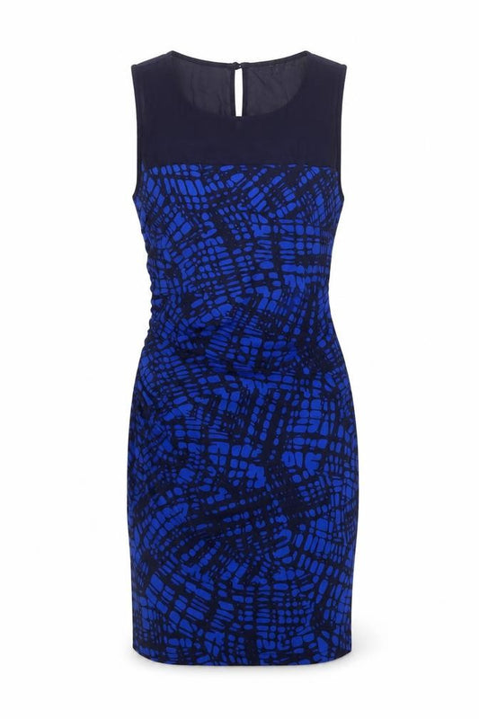 Front view of Next women’s blue geometric polyester bodycon, size UK 8, boat neck button