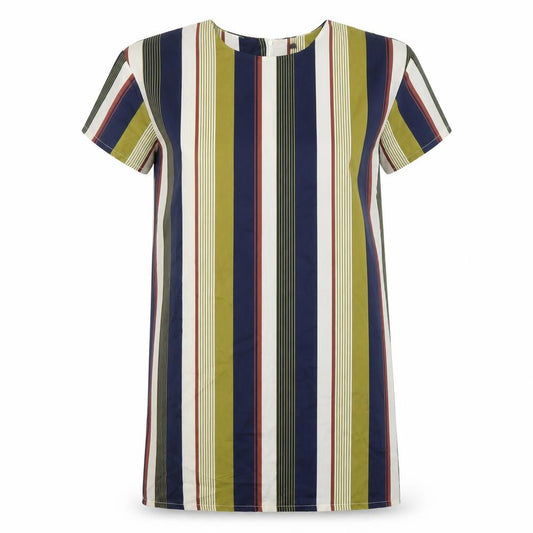 Front view of Boohoo women’s multicoloured striped polyester tunic blouse, size UK 10, round neck