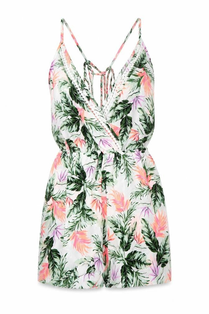 Front view of New Look women’s multicoloured floral polyester romper one-piece, size S, drawstring - neon