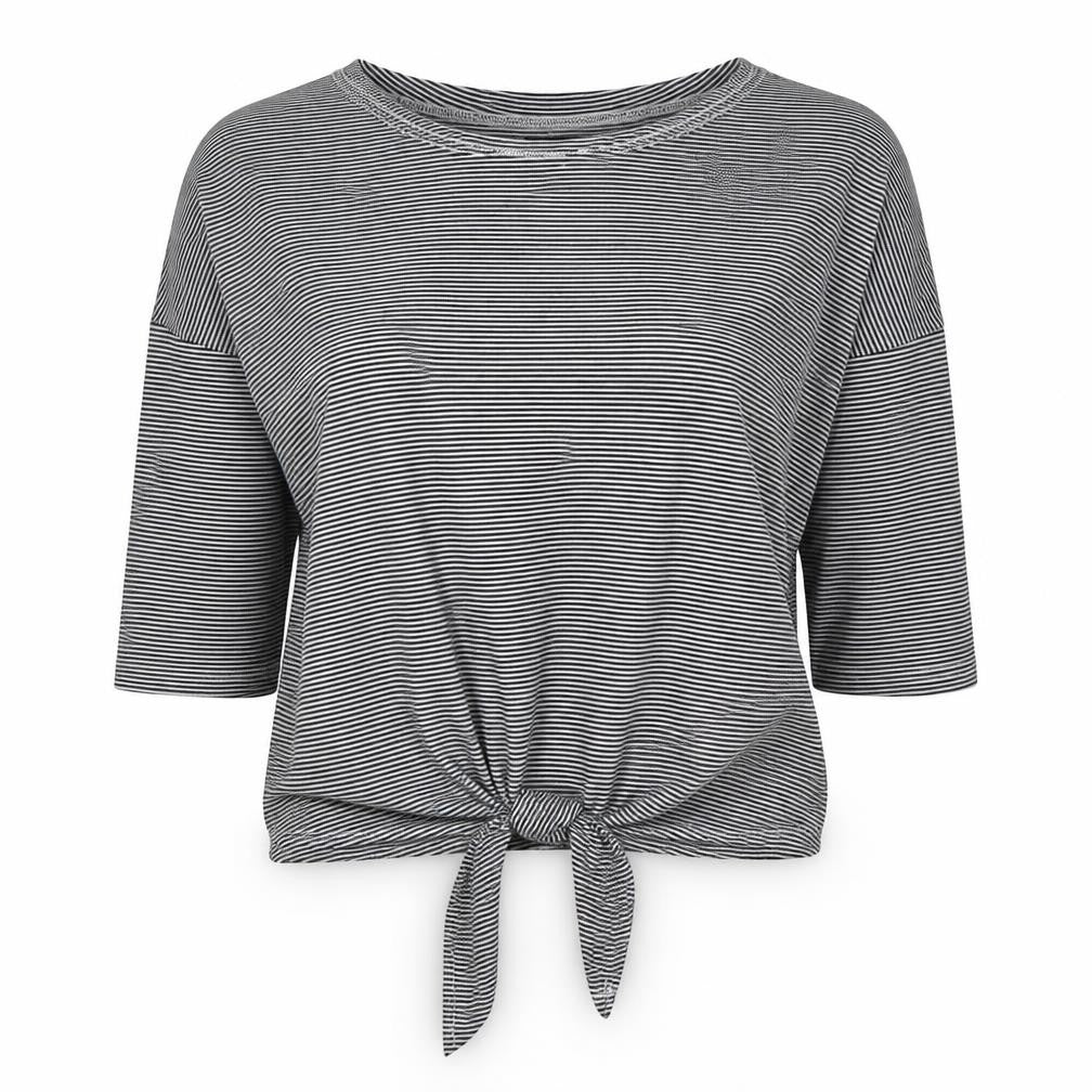Front view of Atmosphere women’s black striped cotton basic t-shirt, size UK 6, round neck