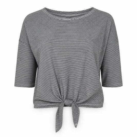 Front view of Atmosphere women’s black striped cotton basic t-shirt, size UK 6, round neck