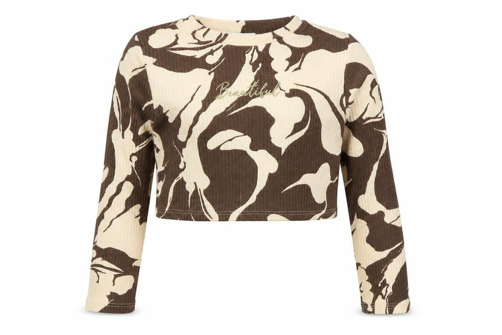 Front view of River Island girls’ brown geometric cotton basic t-shirt, size 7-8, years round neck pullover - beautiful