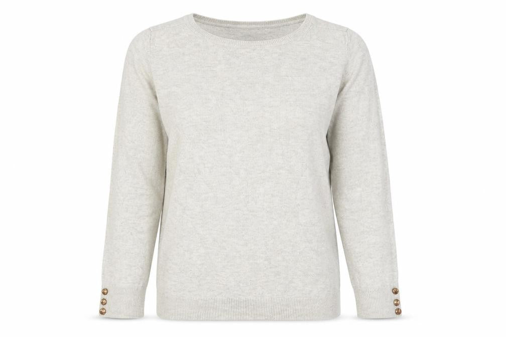 Front view of Dorothy Perkins women’s beige round neck viscose jumper, size UK 12