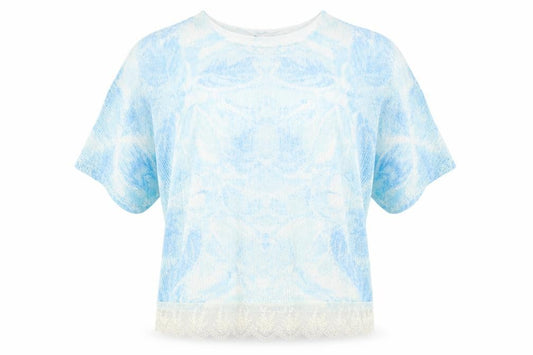 Front view of Casamia women’s blue polyester basic t-shirt, size S, crew neck