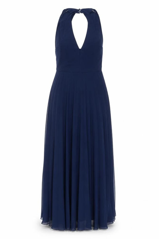 Front view of Boohoo women’s blue polyester a-line, size UK 8, halter button