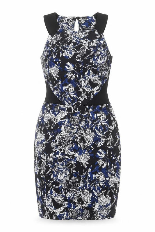 Front view of Atmosphere women’s blue floral polyester pencil dress, size UK 10, halter button