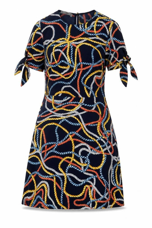 Front view of Mango women’s multicoloured geometric polyester a-line, size S, crew neck button