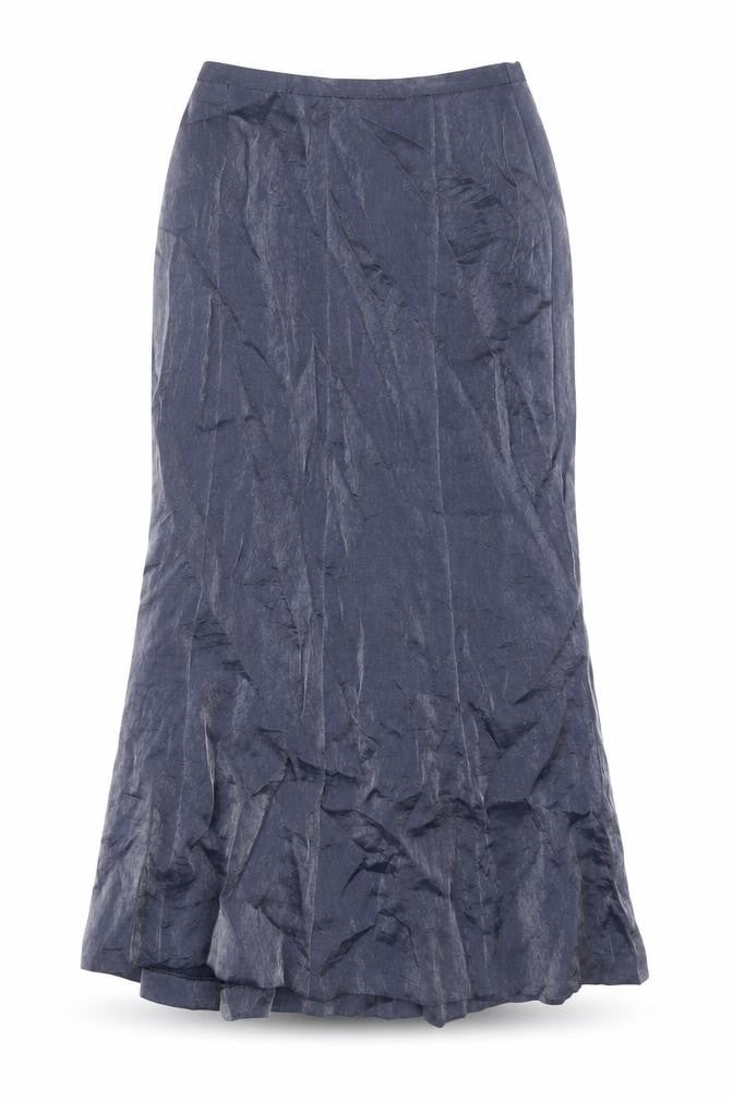 Front view of Fisser women’s blue polyester a-line skirt, size UK 8, button