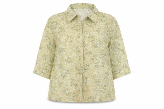 Front view of Bonmarché women’s yellow floral polyester basic button-up, size UK 20, collared