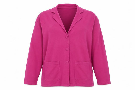 Front view of Bader women’s pink collared polyester cardigan jumper, size L