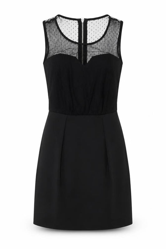 Front view of New Look women’s black polka dot polyester a-line, size UK 10, round neck zip