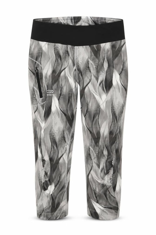 Front view of Kalenji women’s brown geometric polyester athletic shorts, size UK 28, in, 20-inch leg regular drawstring