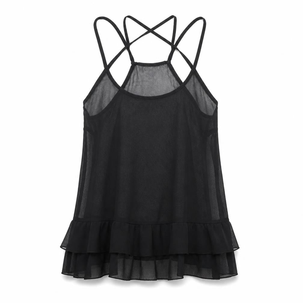 Front view of ASOS women’s black polyester camisole tank, size UK 6, round neck