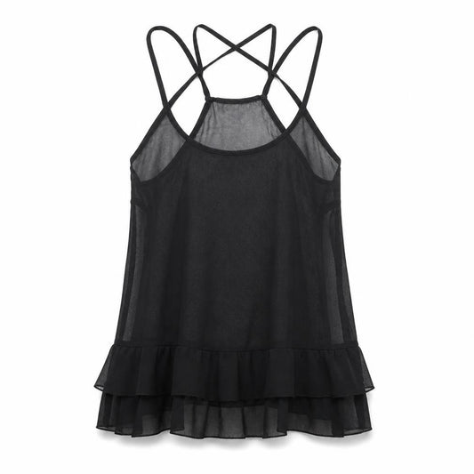 Front view of ASOS women’s black polyester camisole tank, size UK 6, round neck
