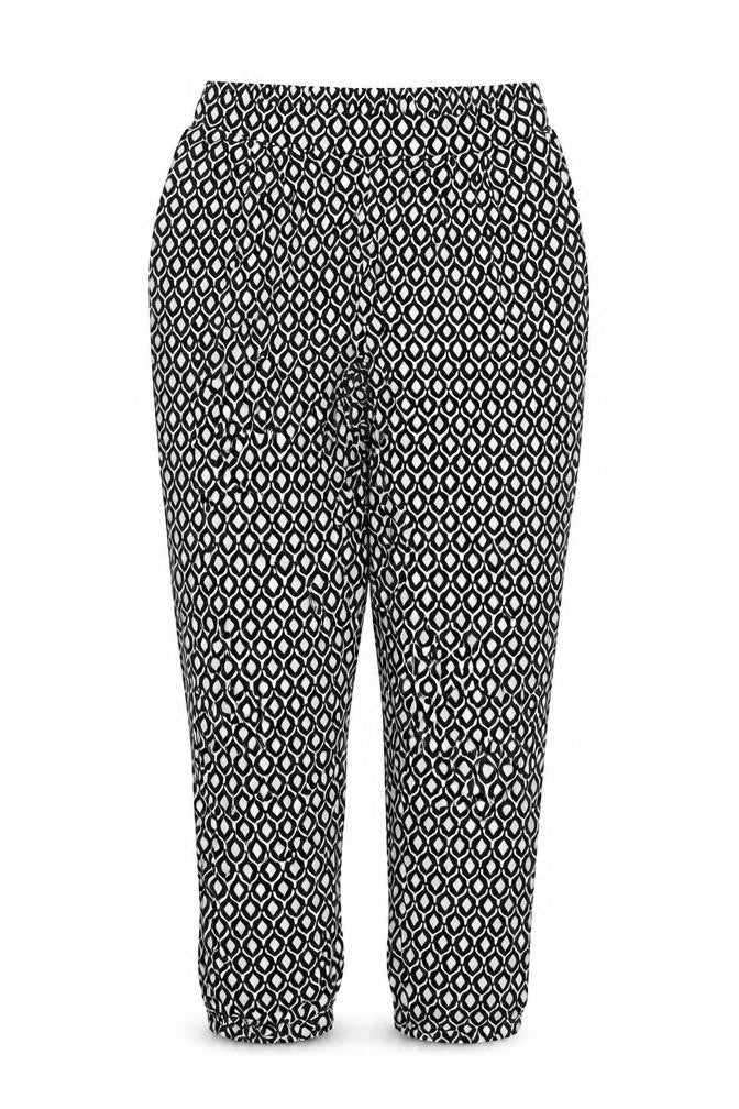 Front view of H&M women’s black geometric viscose trousers, size UK 12, 26-inch leg regular