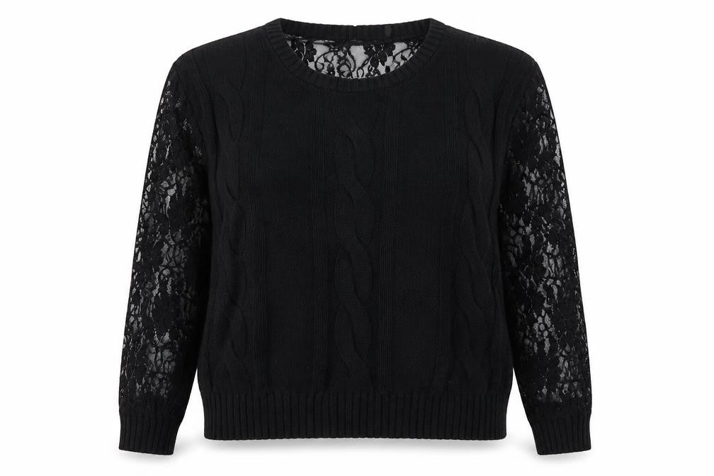 Simply Be Womens Black Round Neck Acrylic Pullover Jumper Size 12 - Lace Sleeve
