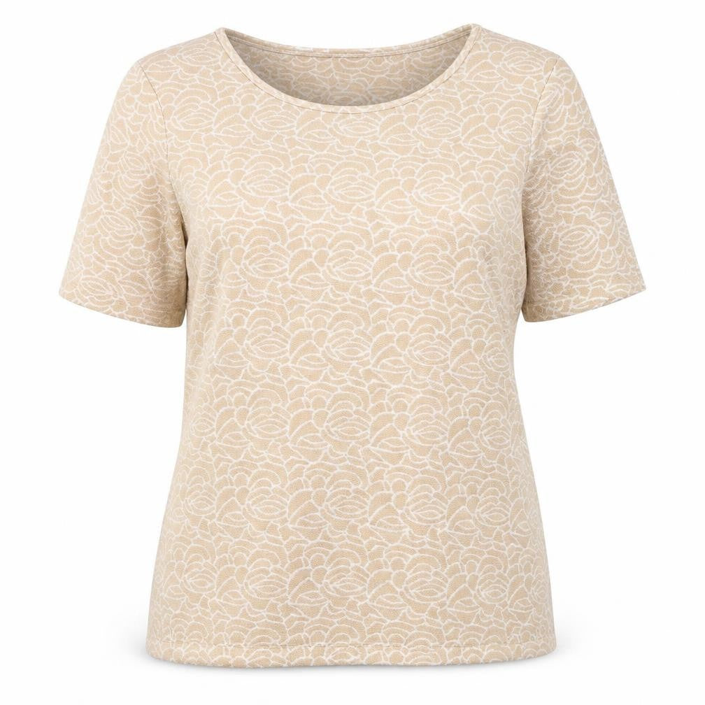 Front view of River Island women’s gold floral polyester basic blouse, size UK 14, round neck