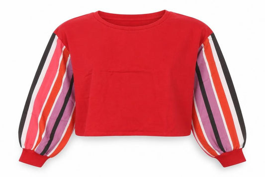 Front view of Oh My Days women’s red striped polyester pullover sweatshirt, size UK 8, pullover