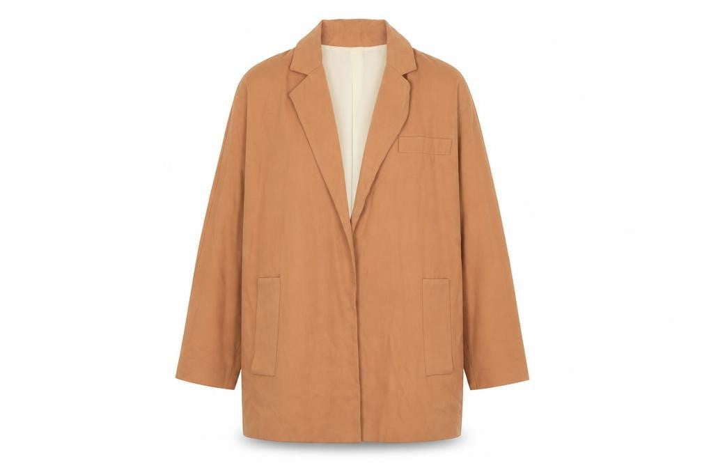 Front view of Zara women’s beige jacket, size XS, hook & eye