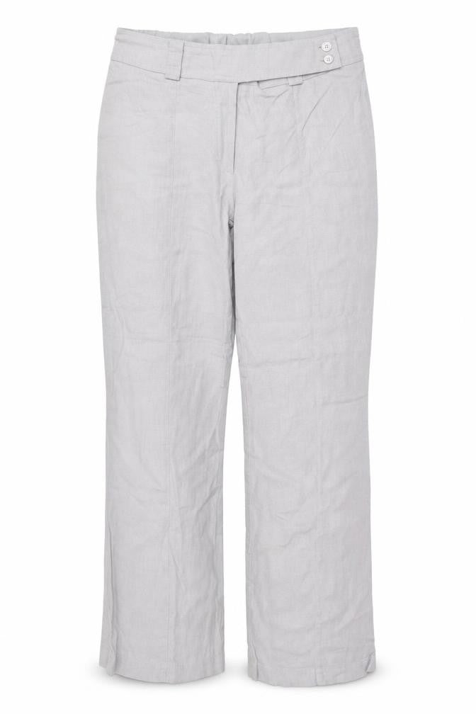 Front view of FunMum women’s grey linen trousers, size M, 29-inch leg regular button