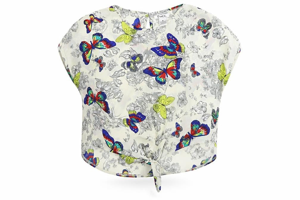 Front view of Pinky women’s multicoloured geometric polyester basic blouse, size M, round neck - butterfly pattern