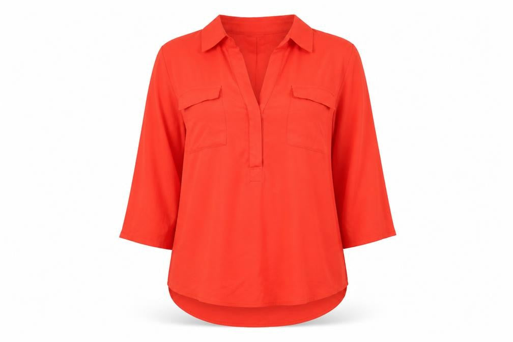 Front view of Gap women’s red polyester basic blouse, size L, collared