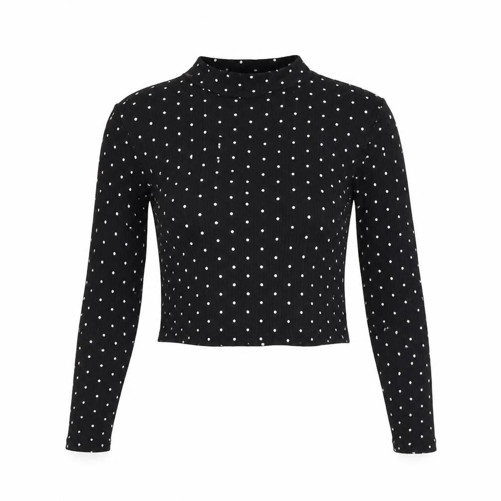 Front view of H&M women’s black polka dot viscose basic blouse, size S, mock neck