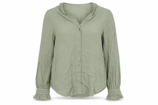 Front view of Marks & Spencer women’s green viscose basic button-up, size UK 8, v-neck
