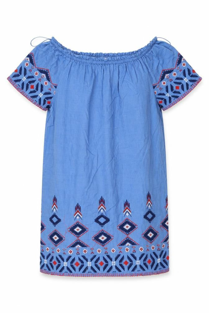 Front view of Tu women’s blue cotton sheath, size UK 12, off the shoulder pullover