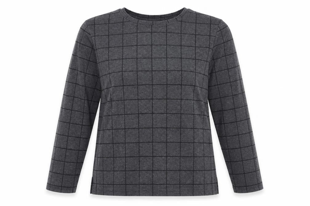 Front view of women’s grey check polyester pullover sweatshirt, size UK 14, pullover