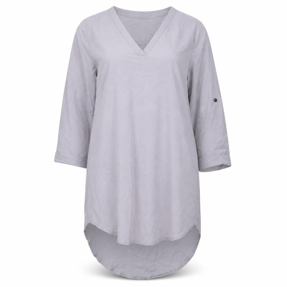 Front view of Overmal women’s grey polyester t-shirt dress, size L, v-neck pullover