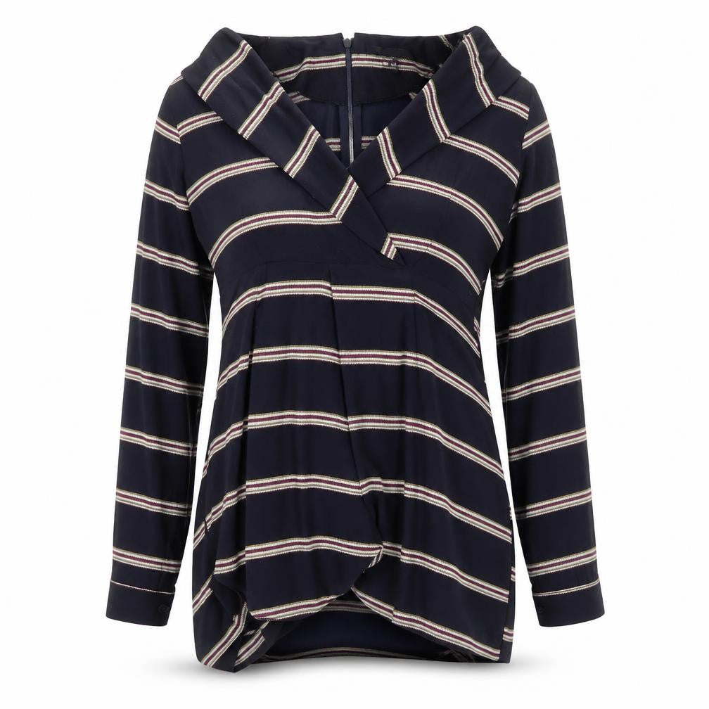 Front view of H&M women’s blue striped polyester bodycon, size UK 12, v-neck zip