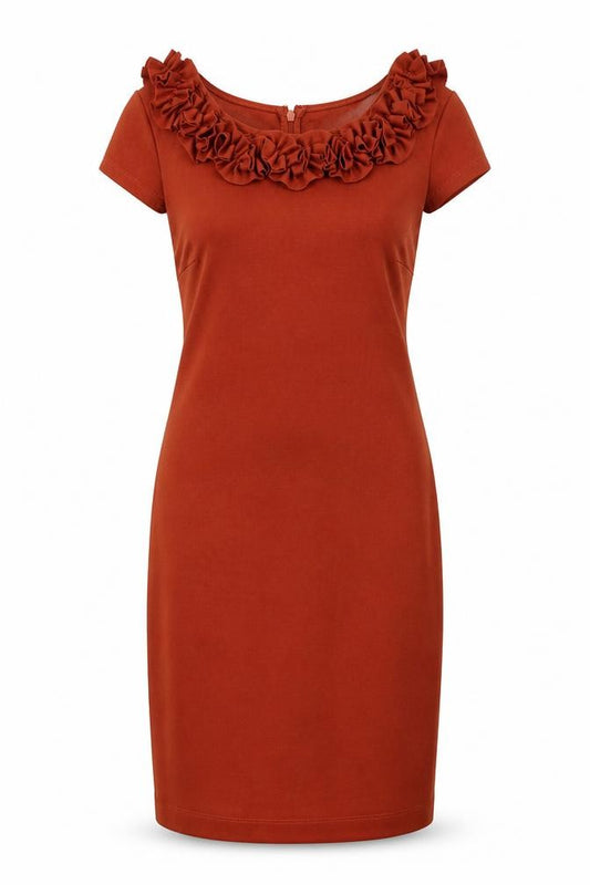 Front view of Marks & Spencer women’s brown polyester ball gown, size UK 8, round neck pullover