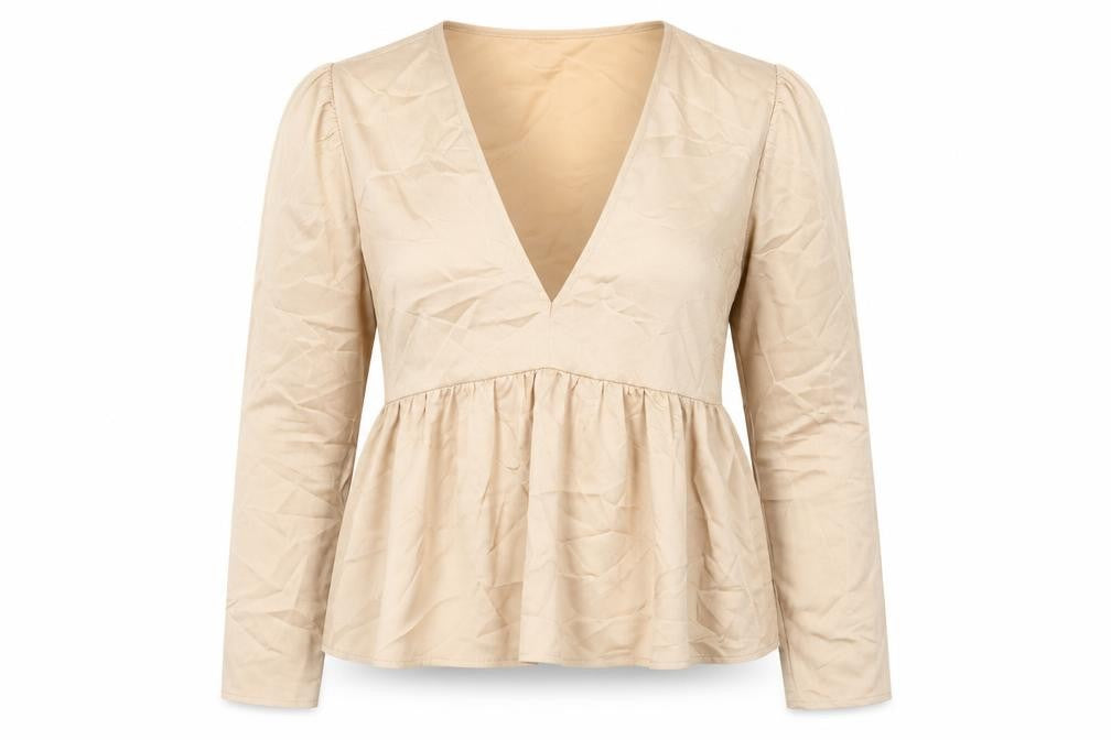 Front view of Missguided women’s beige polyester basic blouse, size UK 12, v-neck