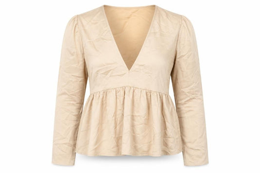 Front view of Missguided women’s beige polyester basic blouse, size UK 12, v-neck