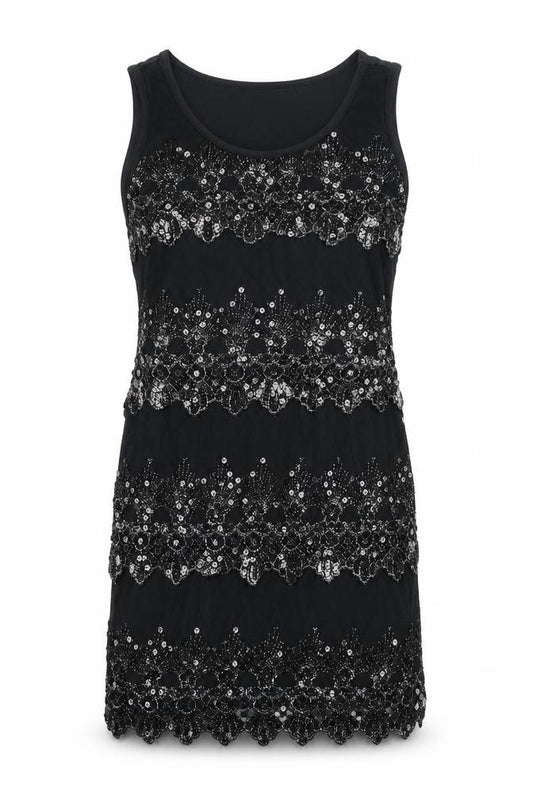 Front view of Pussycat London women’s black polyester mini, size M, scoop neck pullover - lace detail