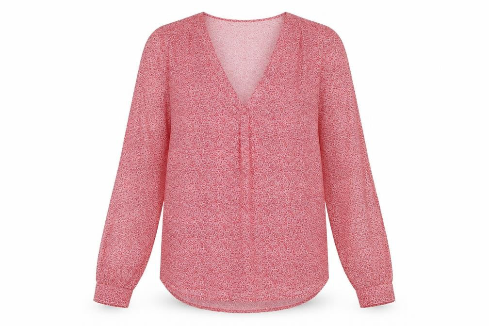 Front view of JOIE women’s red geometric polyester basic blouse, size S, v-neck