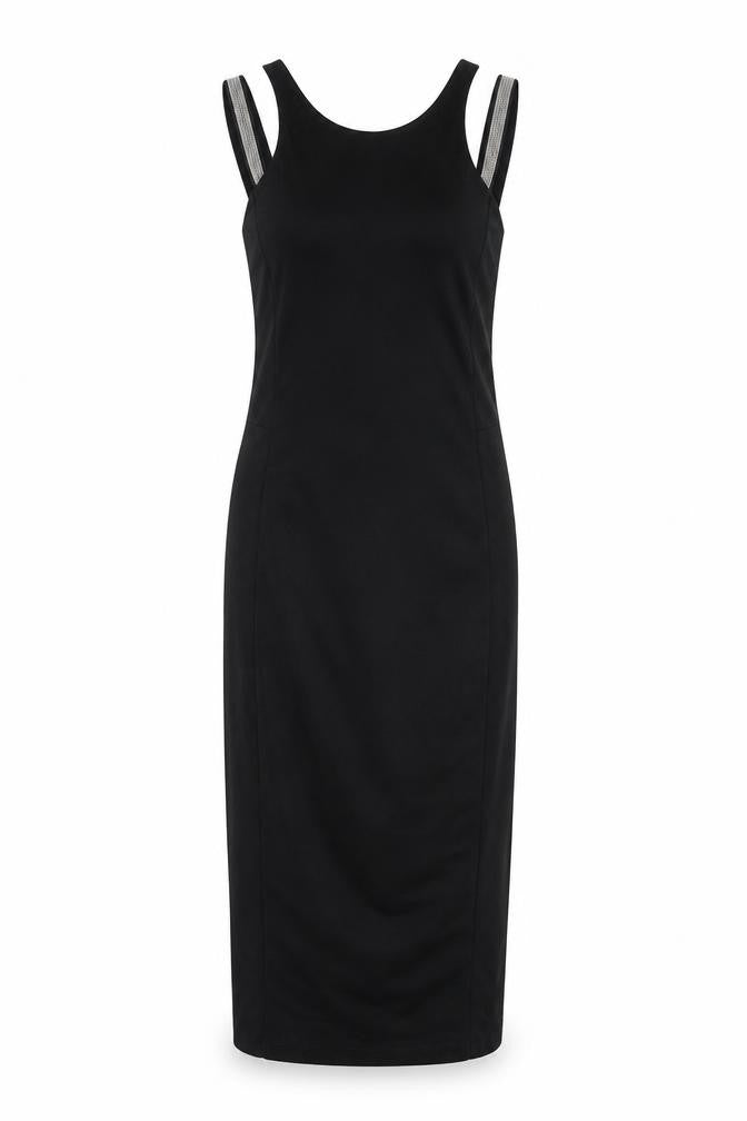 Front view of River Island women’s black viscose bodycon, size UK 8, halter zip