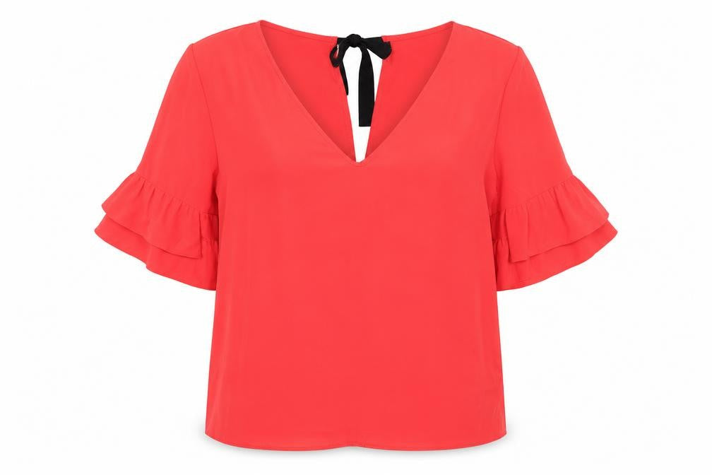 Front view of Topshop women’s pink polyester basic blouse, size UK 10, v-neck