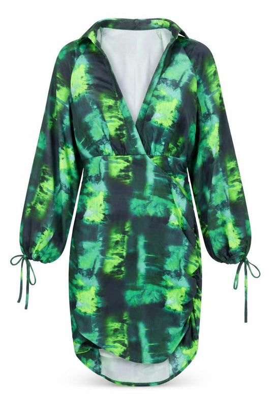 Front view of PRETTYLITTLETHING women’s green geometric polyester bodycon, size UK 8, collared zip