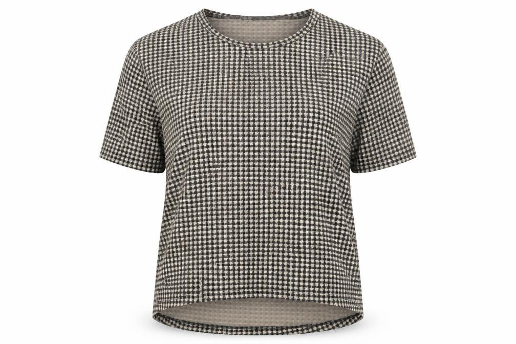 Front view of Primark women’s beige geometric polyester basic t-shirt, size UK 8, round neck