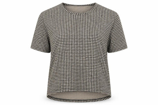Front view of Primark women’s beige geometric polyester basic t-shirt, size UK 8, round neck
