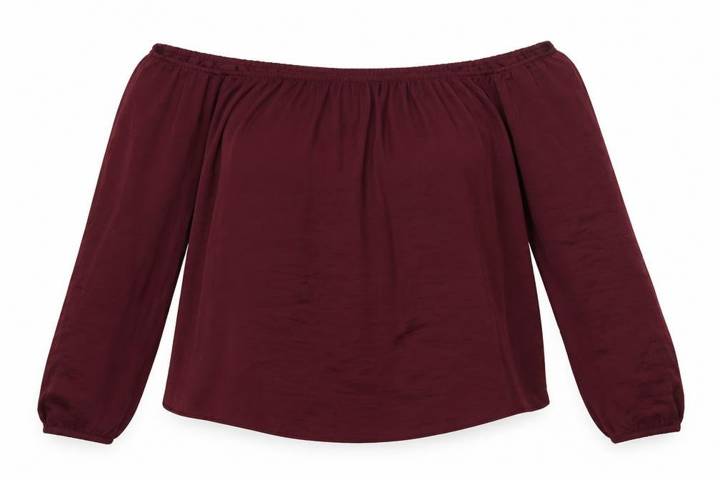 Front view of River Island women’s purple polyester basic blouse, size UK 8, off the shoulder