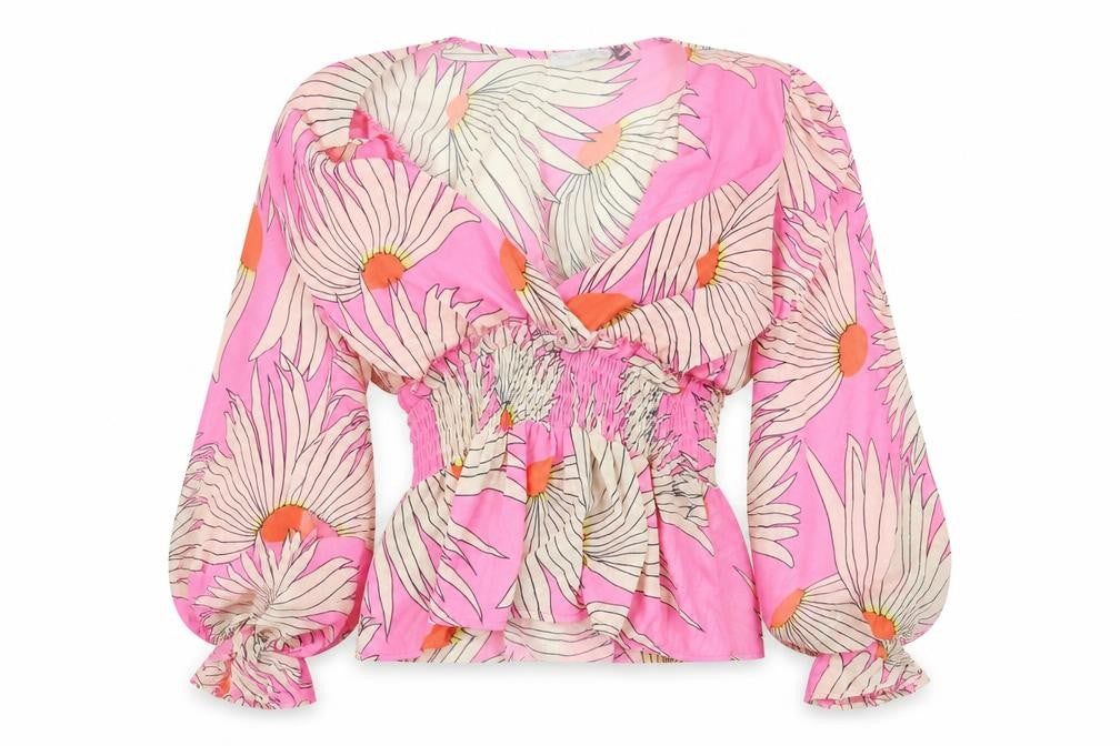 Front view of New Collection women’s pink floral polyester basic blouse, size UK 8, v-neck