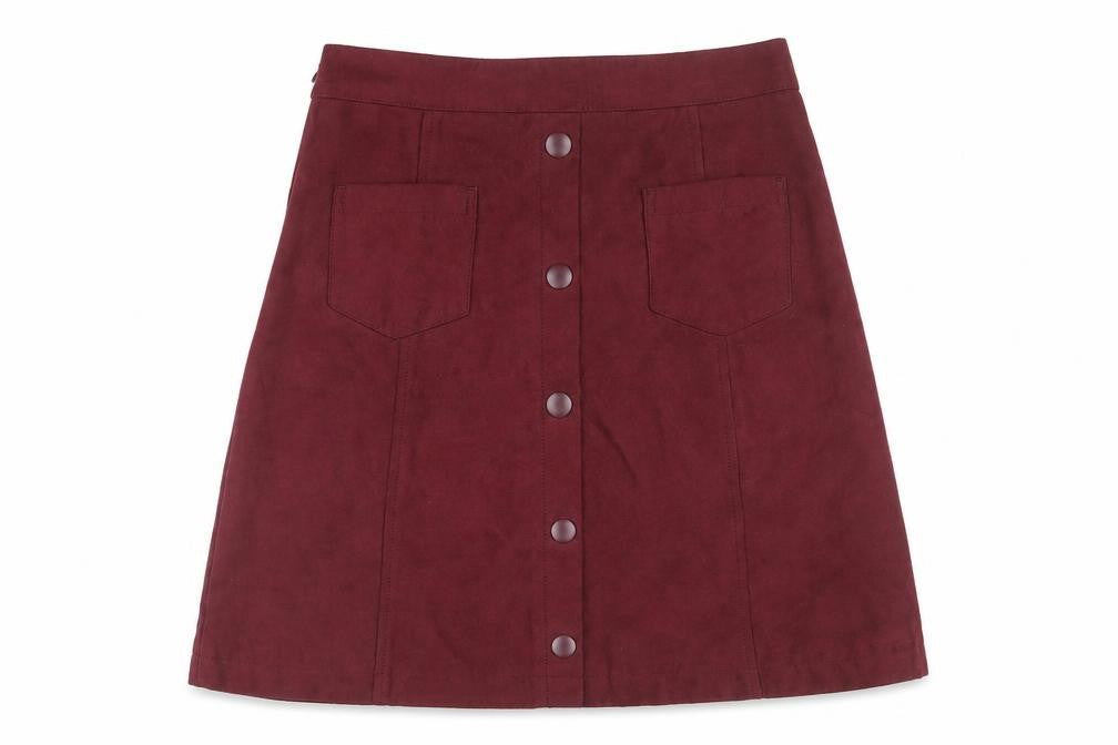 Front view of Eifni women’s red polyester a-line skirt, size S, zip