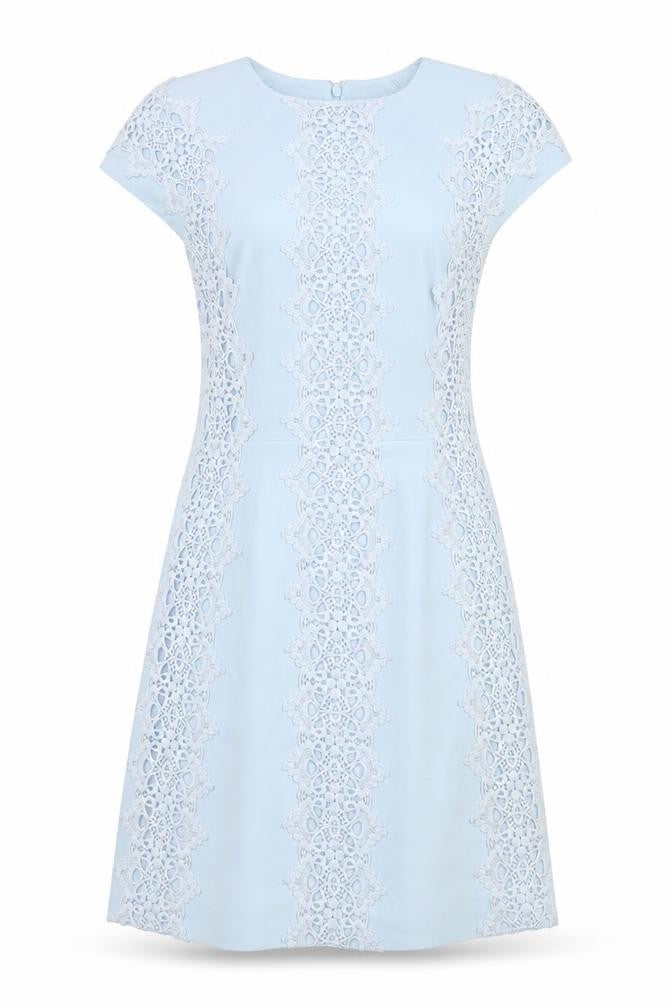 Front view of Warehouse women’s blue geometric polyester a-line, size UK 6, round neck zip