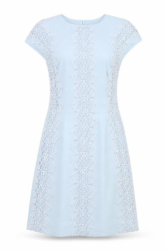 Front view of Warehouse women’s blue geometric polyester a-line, size UK 6, round neck zip