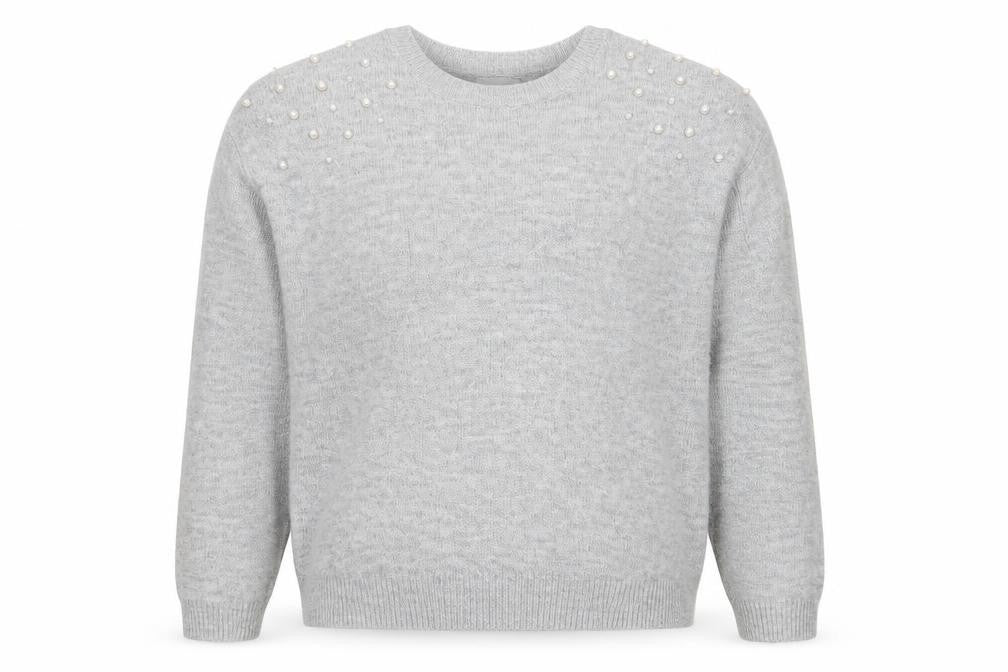 Front view of H&M girls’ grey round neck acrylic jumper, size 12-13, years pullover