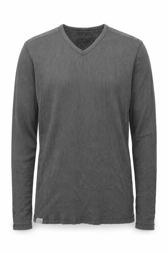 Front view of Burton men’s grey v-neck cotton jumper, size L